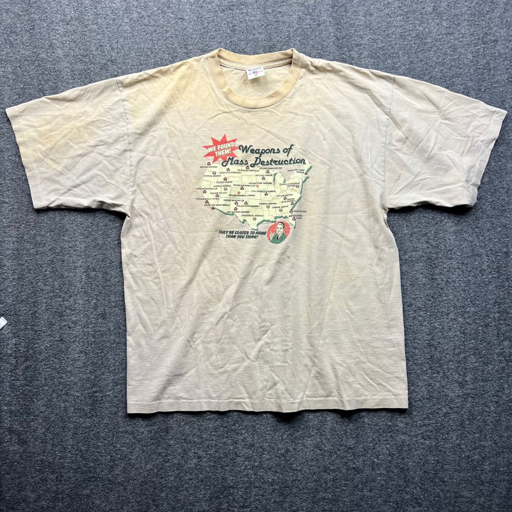 Vintage T Shirt Mens 2XL Tan Alore Weapons of Mass Destruction Graphic Tee USA‎